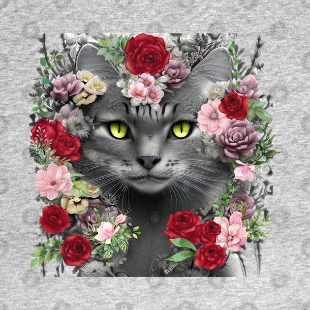 Beautiful Floral Gray Cat by Hypnotic Highs